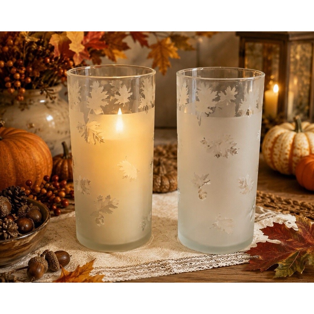 Frosted Glass Hurricane Candle Holders Oak Leaf Acorn Fall Decor 7.5” Pair